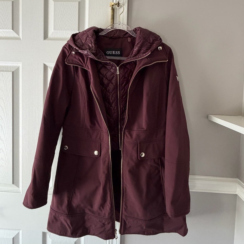 GUESS Women's Burgundy Hooded Puffer Jacket